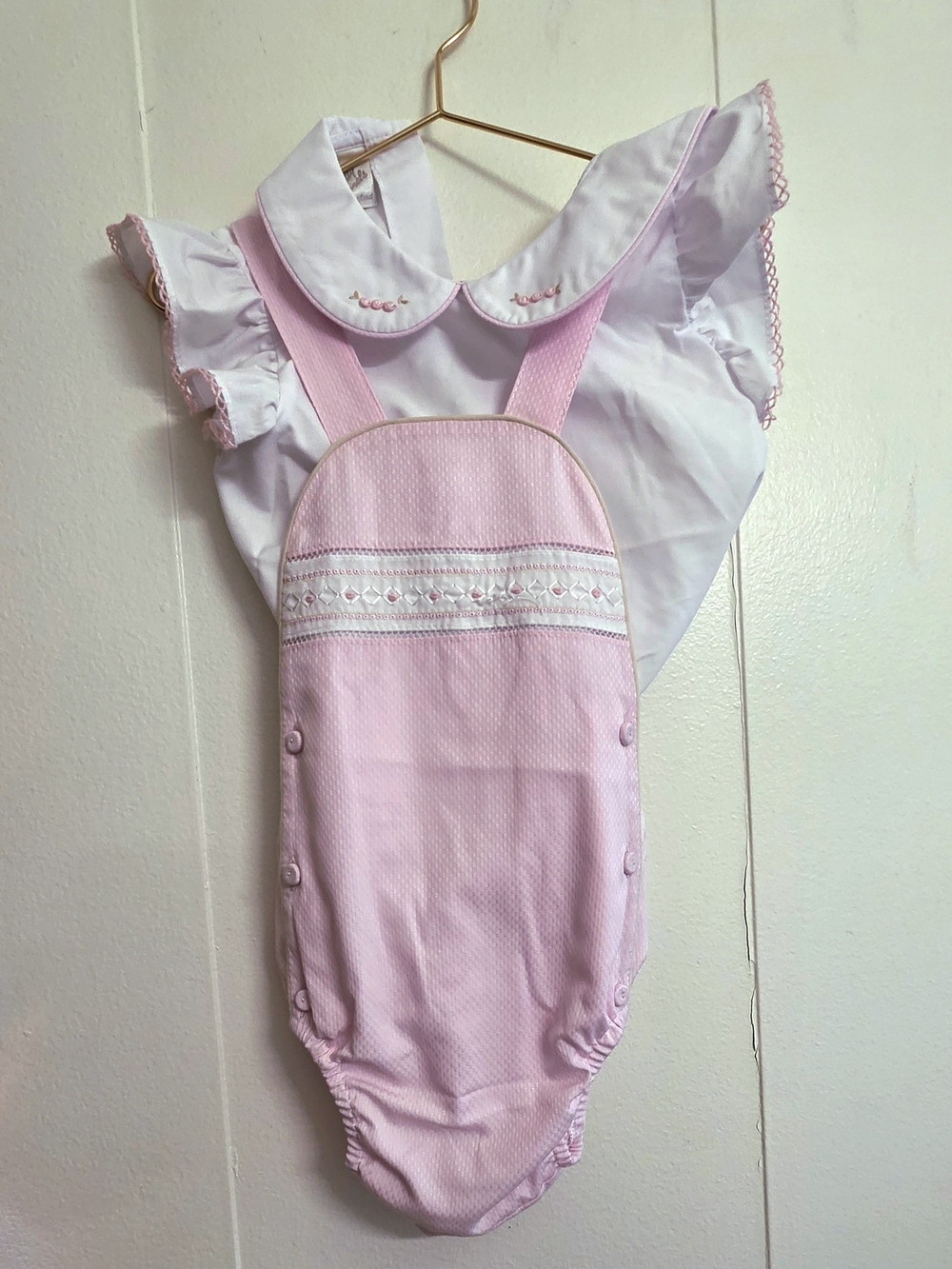Toddler Pink Smocked One-Piece Romper with White Blouse with Collar
